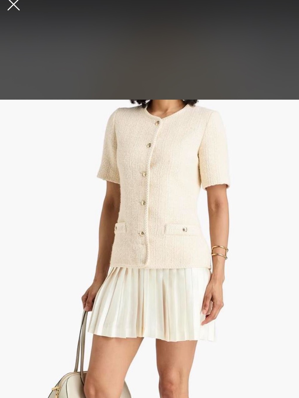SANDRO Ivory Tweed Short Sleeve Cardigan with Gold Buttons